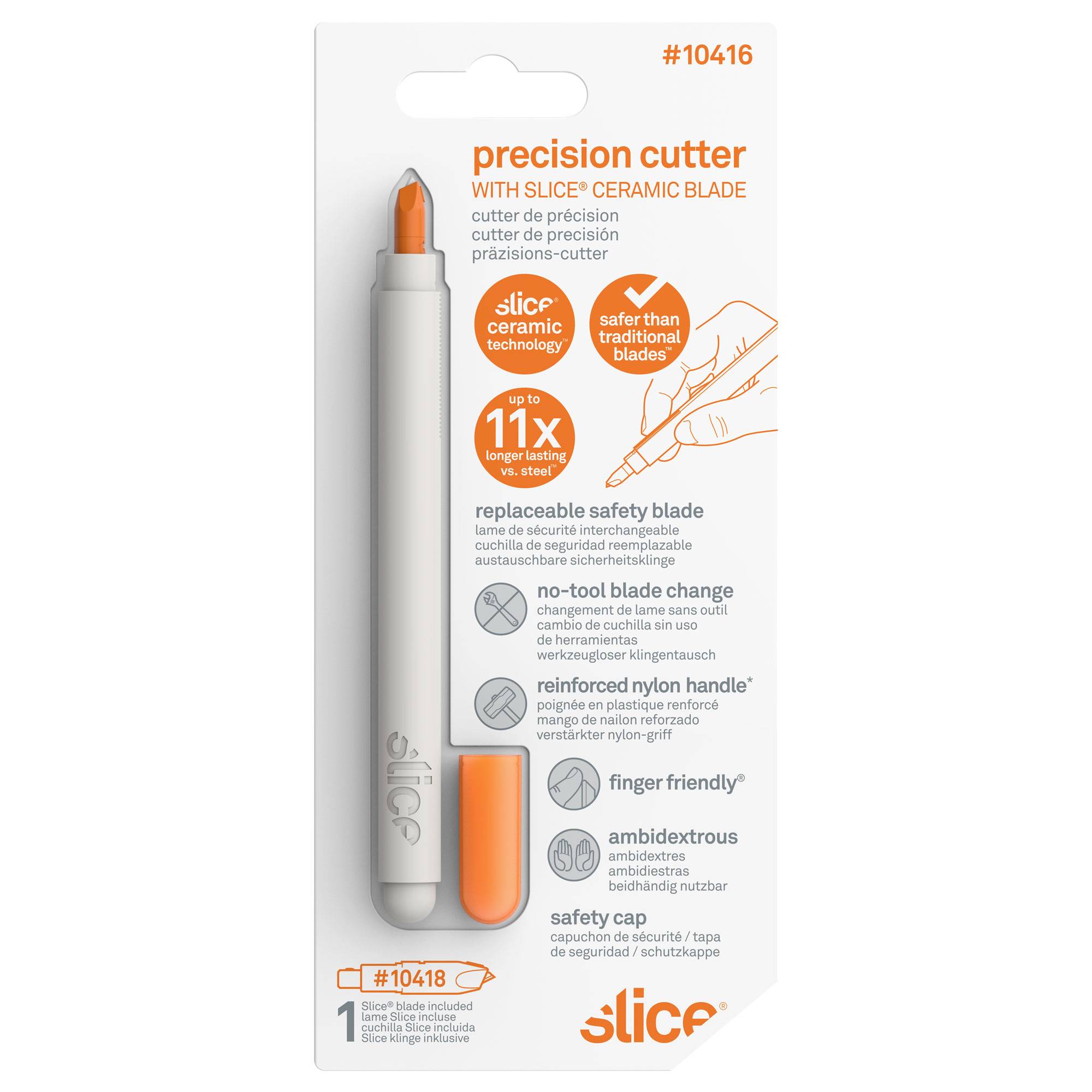 Precision cutter with ceramic blade by "Slice". Ergonomic design, safer than traditional blades, orange and white colour scheme.