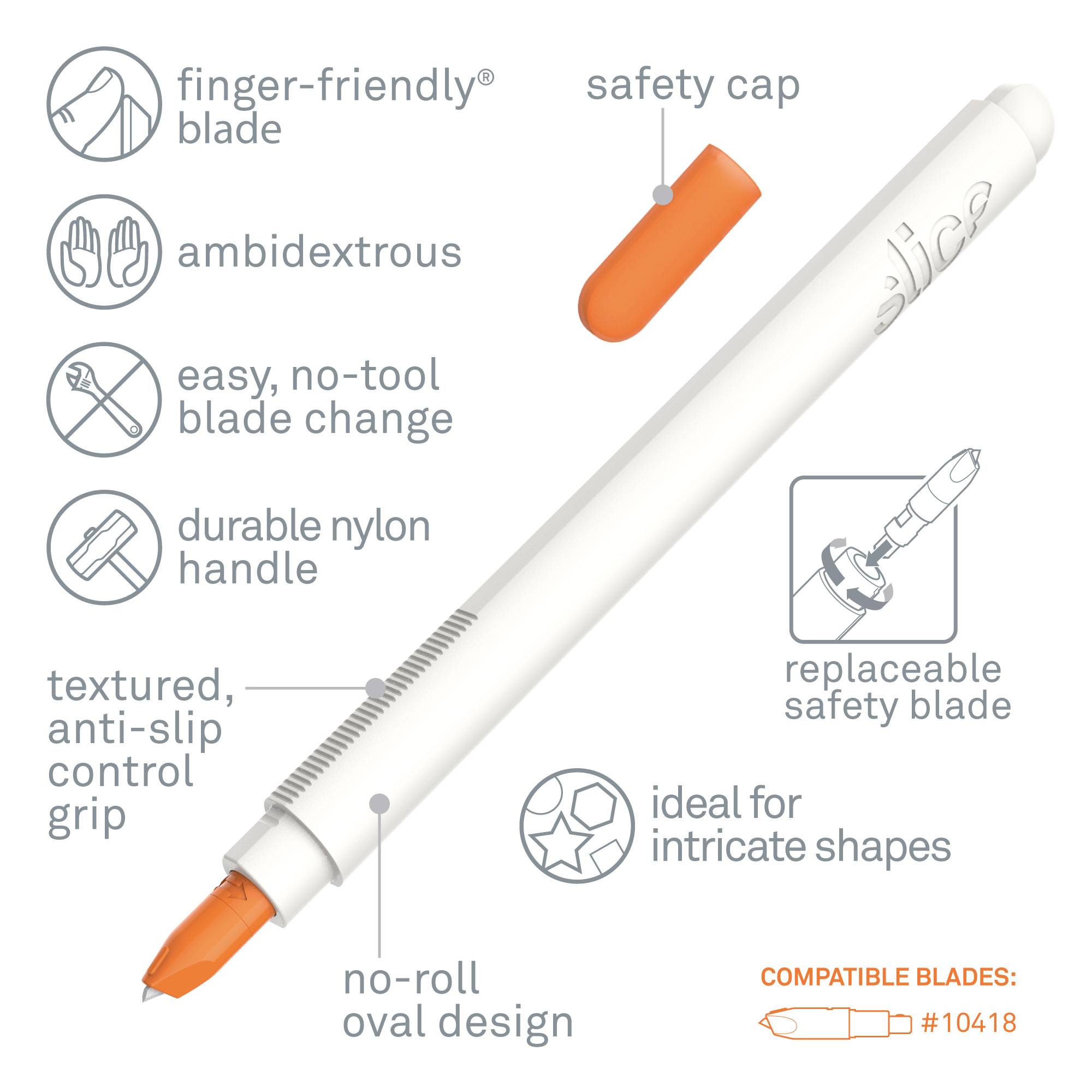 A white pen with an orange cap, suitable for use with both hands. Contains a replaceable safety blade; ideal for complex shapes.