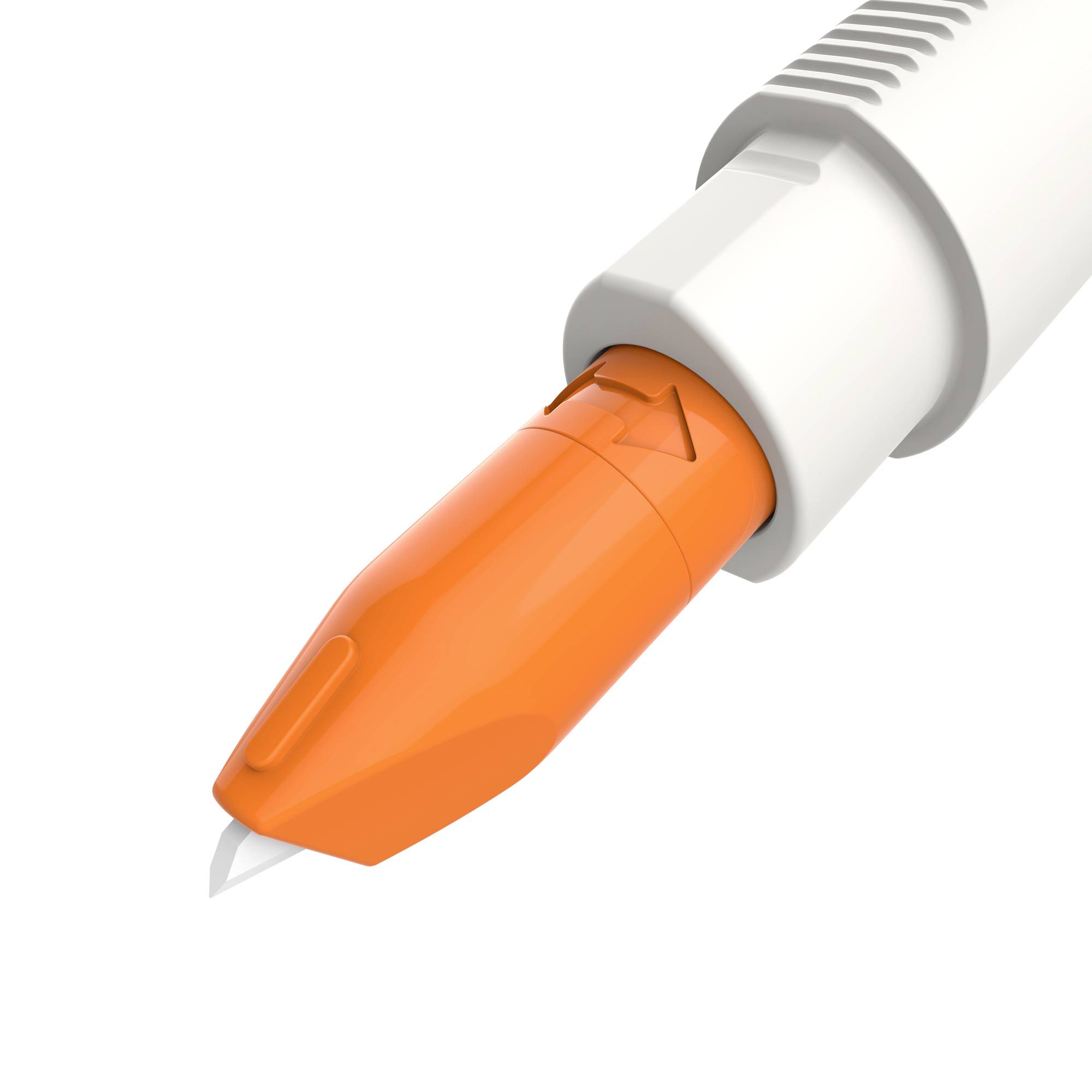 Close-up of an orange injection pen with needle cap. Primarily used for administering medication.