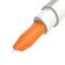 Close-up of an orange injection pen with needle cap. Primarily used for administering medication.