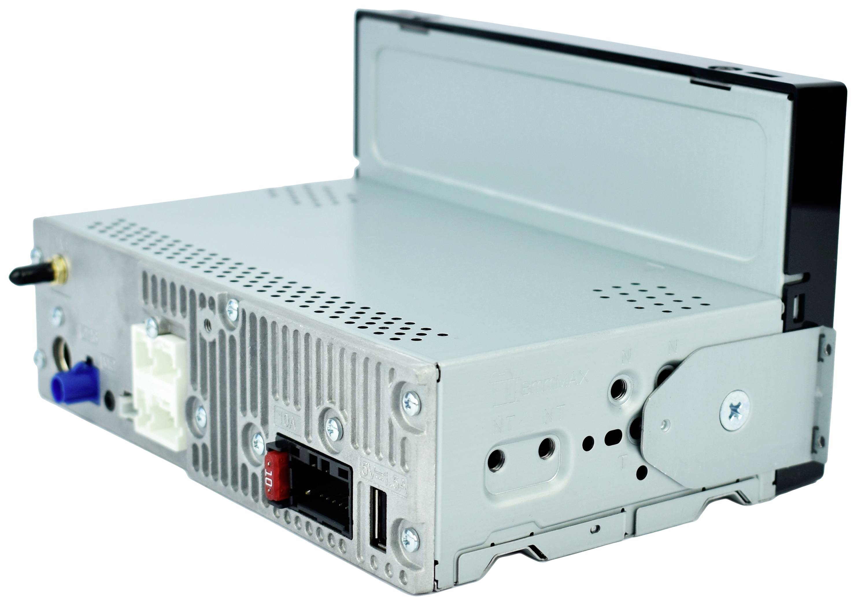 'Car radio viewed from behind, showing connection sockets and ventilation slots, displaying technical hardware components.'