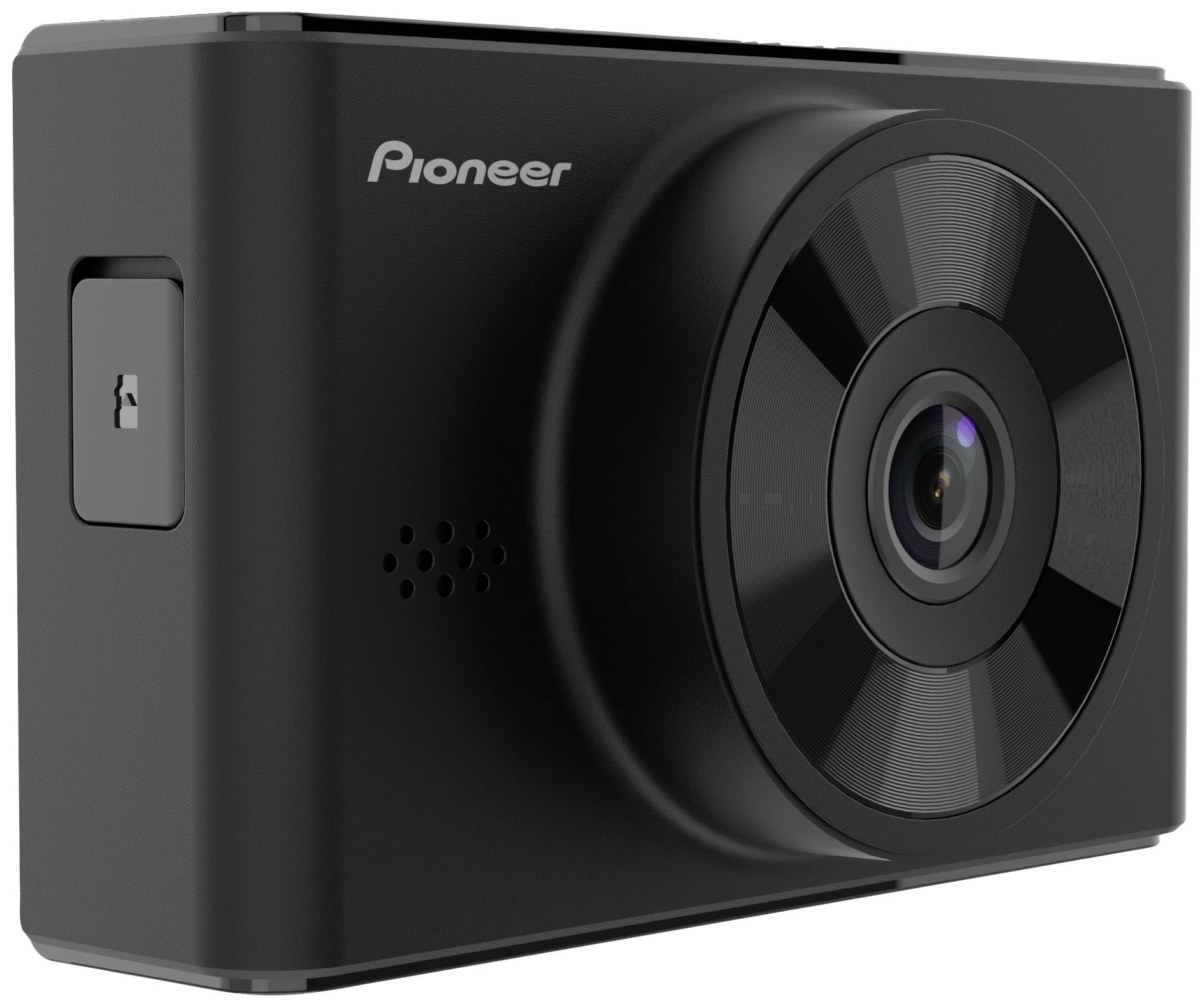 Black dashcam with lens and slots on the left side. Marked with the brand name 'Pioneer'.