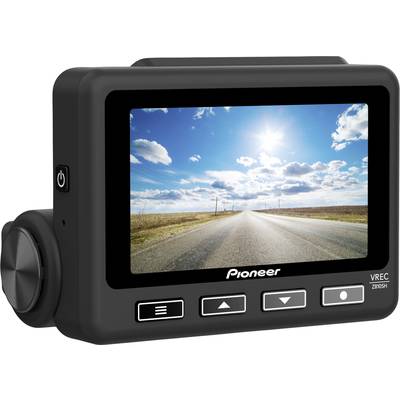 Camera display showing an image of an empty road beneath a blue sky. A button on the left side, control buttons at the bottom. Brand 'Pioneer'.