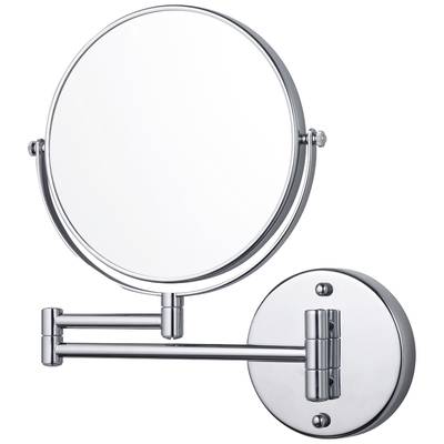 A round, wall-mounted, adjustable magnifying mirror with a gleaming metal frame and pivoting arm.