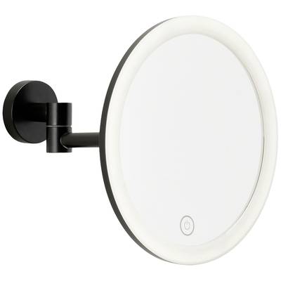 Round wall-mounted cosmetic mirror with LED lighting and touch switch at the bottom edge. Ideal for applying make-up or shaving.