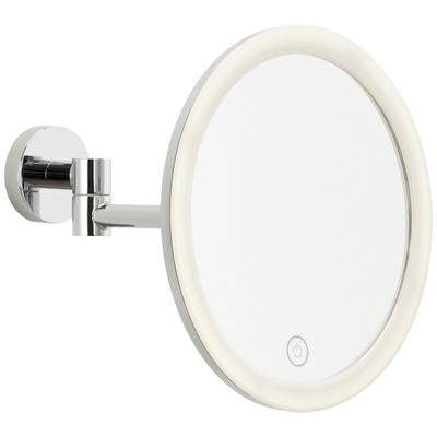 Illuminated round mirror mounted on a wall bracket with touch controls along the bottom edge. Primarily for cosmetic purposes.