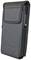 Black, vertical leather mobile phone case with a flap and press-stud closure, suitable for securely storing mobile devices.