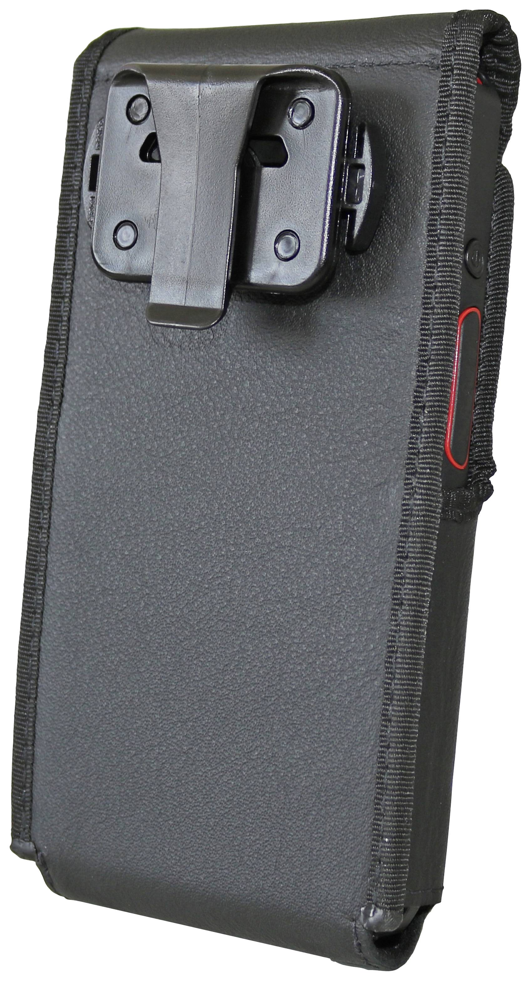 Black leather case with clip, primarily for securely fastening devices, compatible with robust electrical equipment.