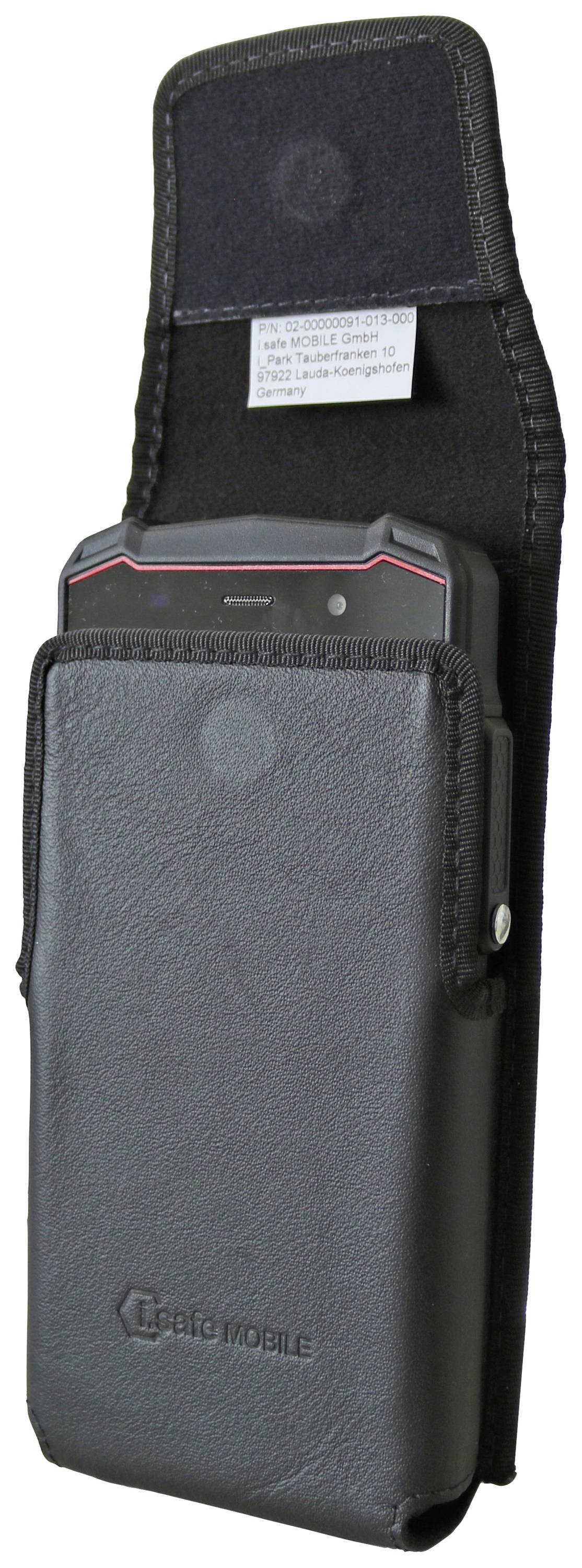 Black leather smartphone case, partially visible. Case open, showing inner lining and protective flap.