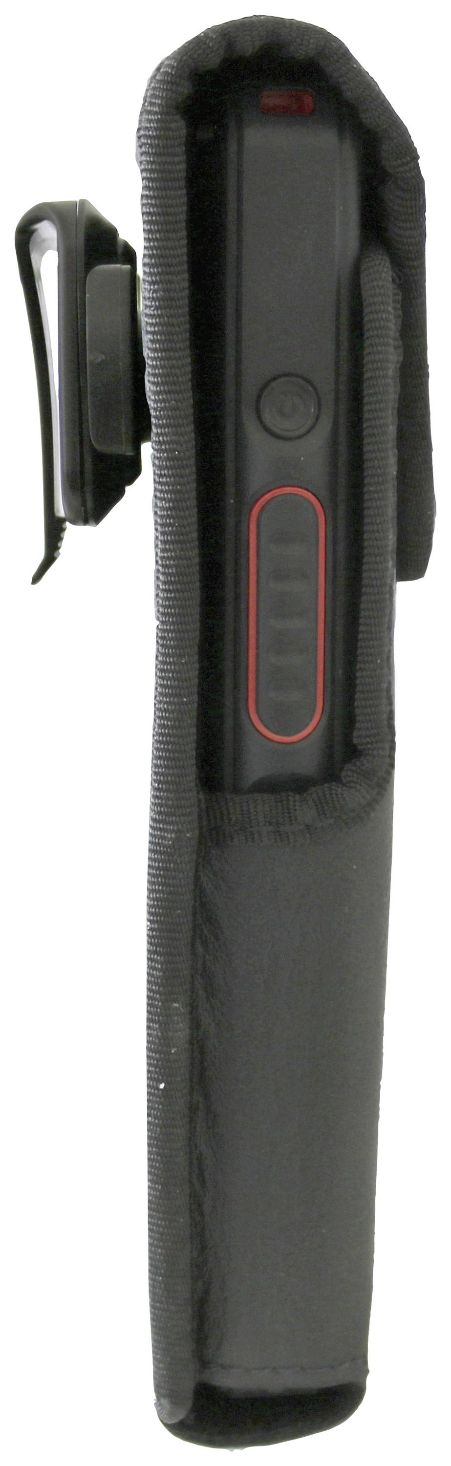 A black case contains an electronic device; side view showing the buttons and clip attachment point.