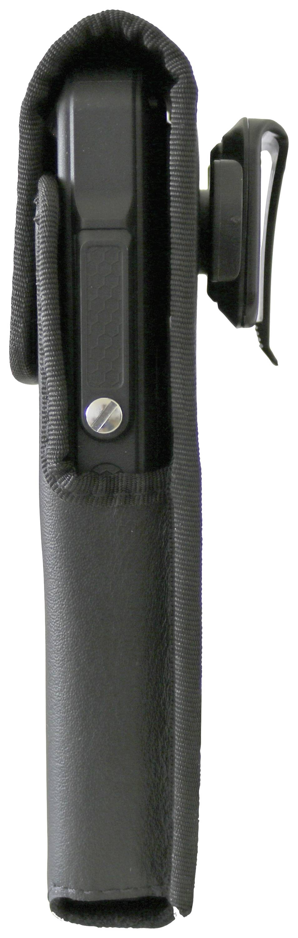 Side view of a black, vertical case with a clip on the back, suitable for an electronic device.