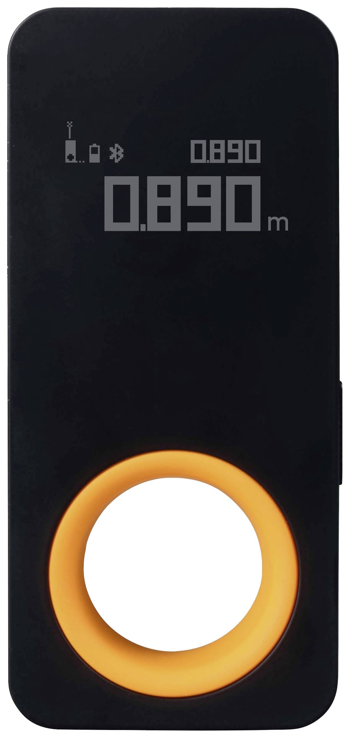 Digital distance meter with LED display showing '0.890 m', has a round aperture with an orange border, Bluetooth symbol visible.