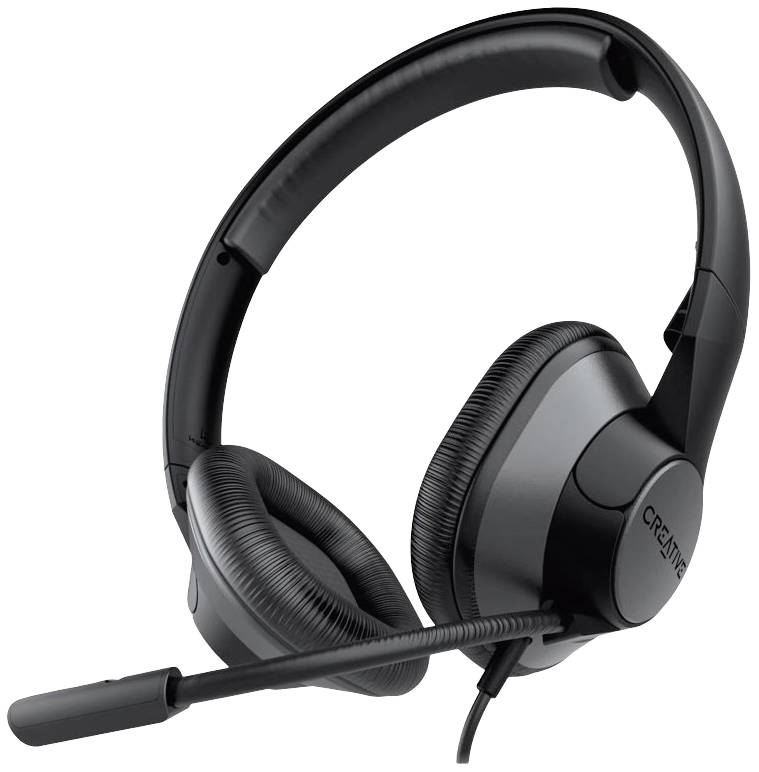 Black headset with adjustable microphone for PC or gaming, suitable for clear audio transmission and voice communication.