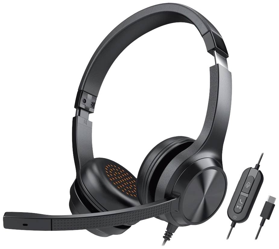Black headset with ear cups, integrated microphone and controls on the cable. Suitable for gaming or video calls.<br><br>(Note: This translation is already very close to British English, with no significant changes required.)