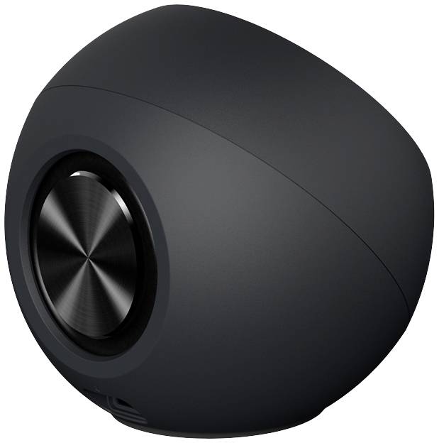 Black, spherical speaker with a metallic speaker grille, minimalist design; sits on a flat surface.