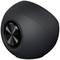 Black, spherical speaker with a metallic speaker grille, minimalist design; sits on a flat surface.