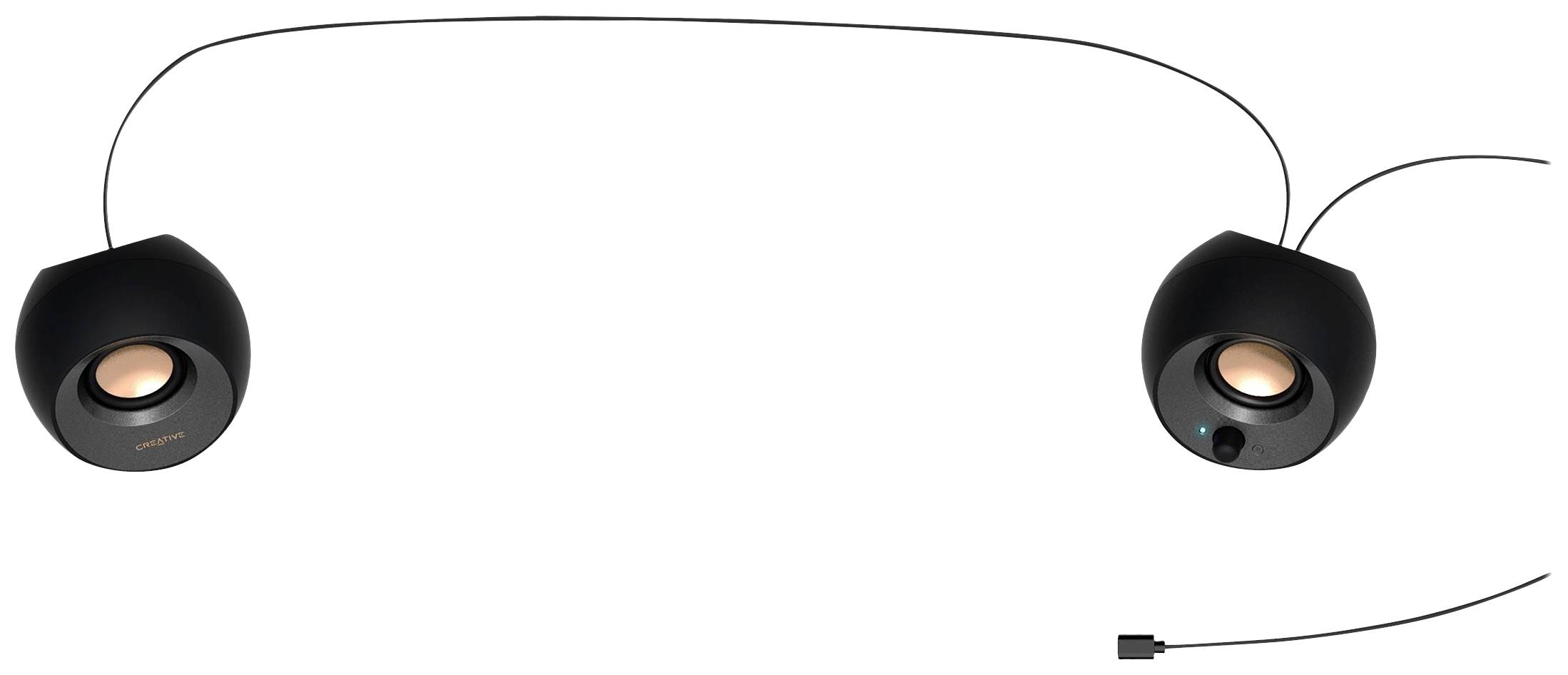 Two black speakers connected by a cable. One has a rotary knob, and the cable terminates in a USB port.