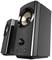 Black speakers with a glossy finish; front speaker has volume control and toggle switch at the bottom.