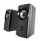 Black speakers with silver details, right speaker with volume control and two buttons on the front.
