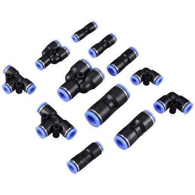Several black plastic pipe connectors with blue edges, likely for air or water pipes.