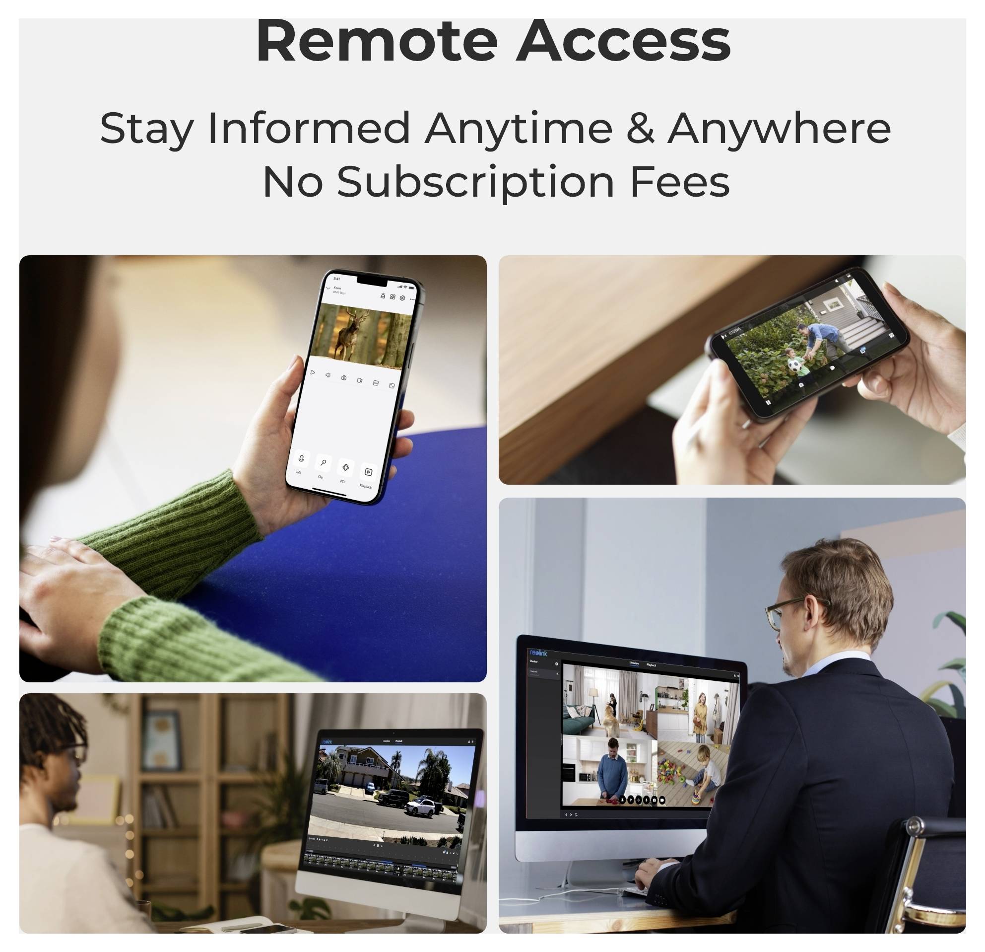 A collage showing people using devices to monitor security footage, with text 'Remote Access: Stay Informed Anytime & Anywhere, No Subscription Fees'.