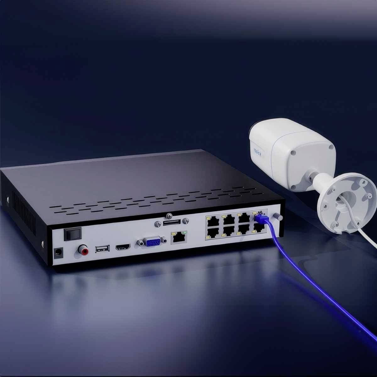 A network video recorder (NVR) with multiple network ports next to a surveillance camera, connected by a blue cable.