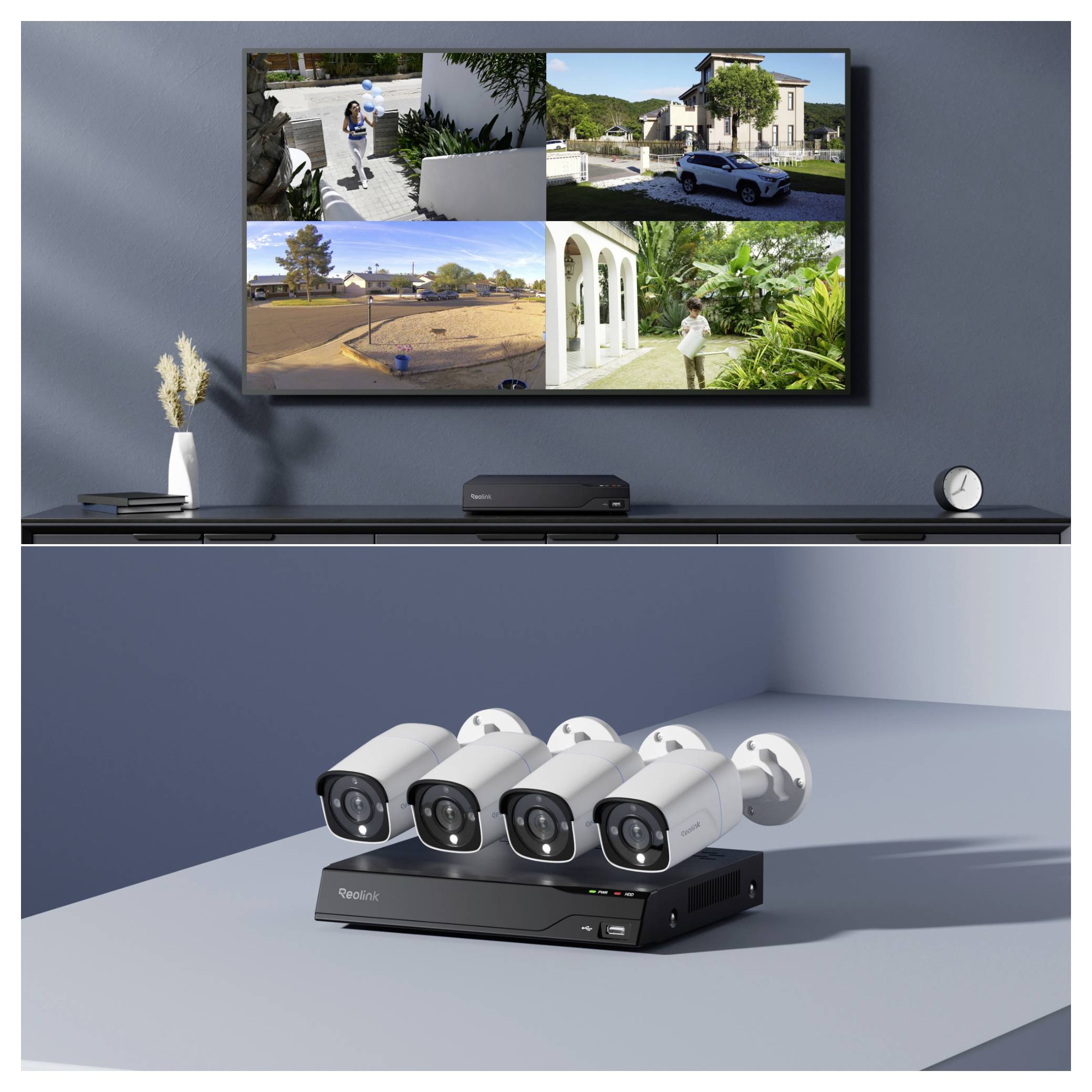 A TV screen shows four surveillance camera feeds of outdoor areas, viewed from a sleek device on a shelf below. Additional surveillance cameras are displayed on a table.
