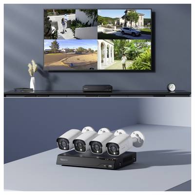 A TV screen shows four surveillance camera feeds of outdoor areas, viewed from a sleek device on a shelf below. Additional surveillance cameras are displayed on a table.
