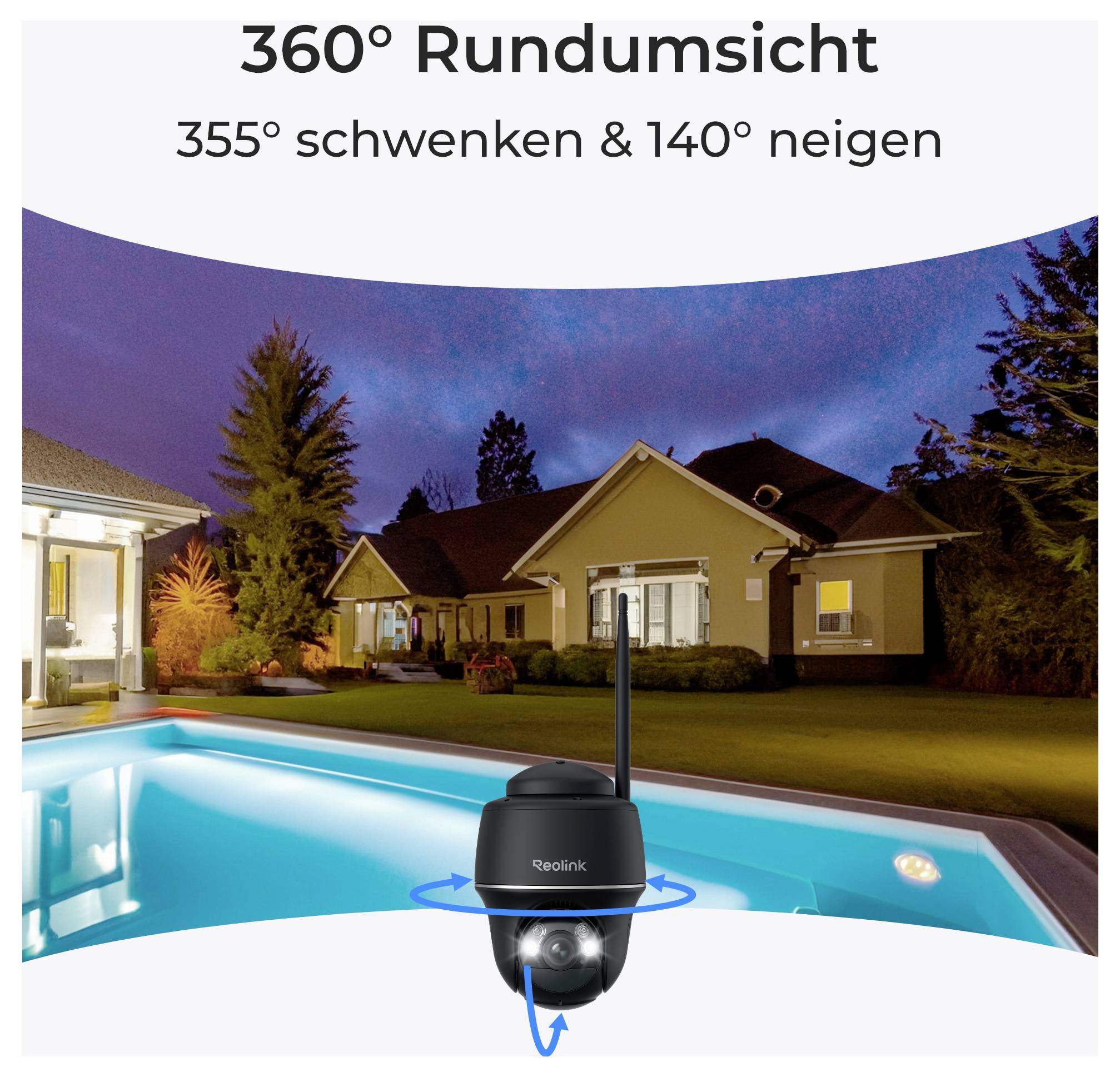 Outdoor security camera overlooking a pool and house, offers '360° Rundumsicht', 355° pan and 140° tilt, set against an evening sky backdrop.
