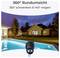 Outdoor security camera overlooking a pool and house, offers '360° Rundumsicht', 355° pan and 140° tilt, set against an evening sky backdrop.