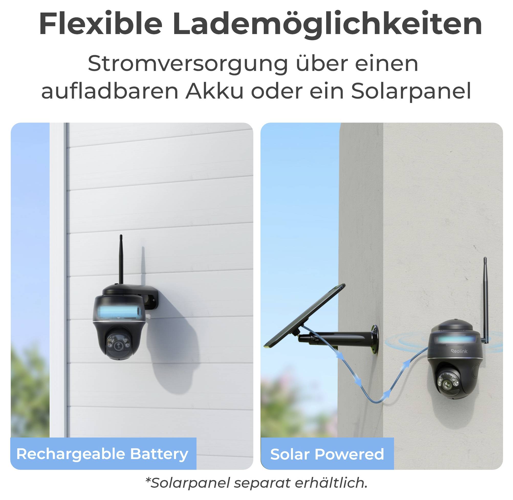 Security camera mounted outdoors with two charging options: 'Rechargeable Battery' attached to a wall and 'Solar Powered' with a solar panel.