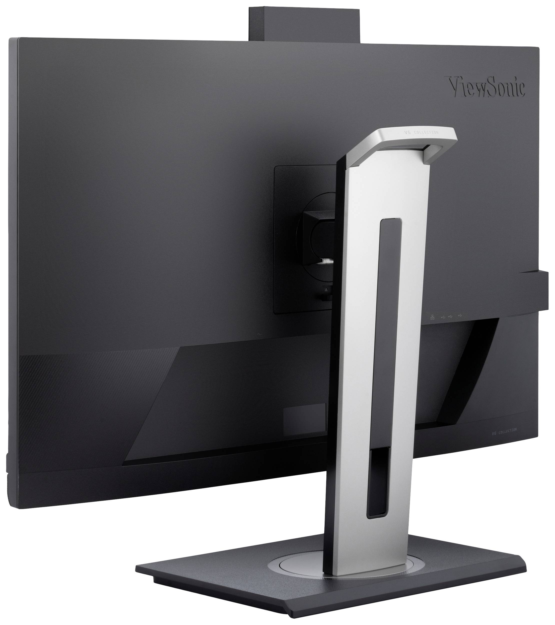 'Rear view of a monitor on an elegant, adjustable stand. Brand logo in the top right. Design appears modern and minimalist.'