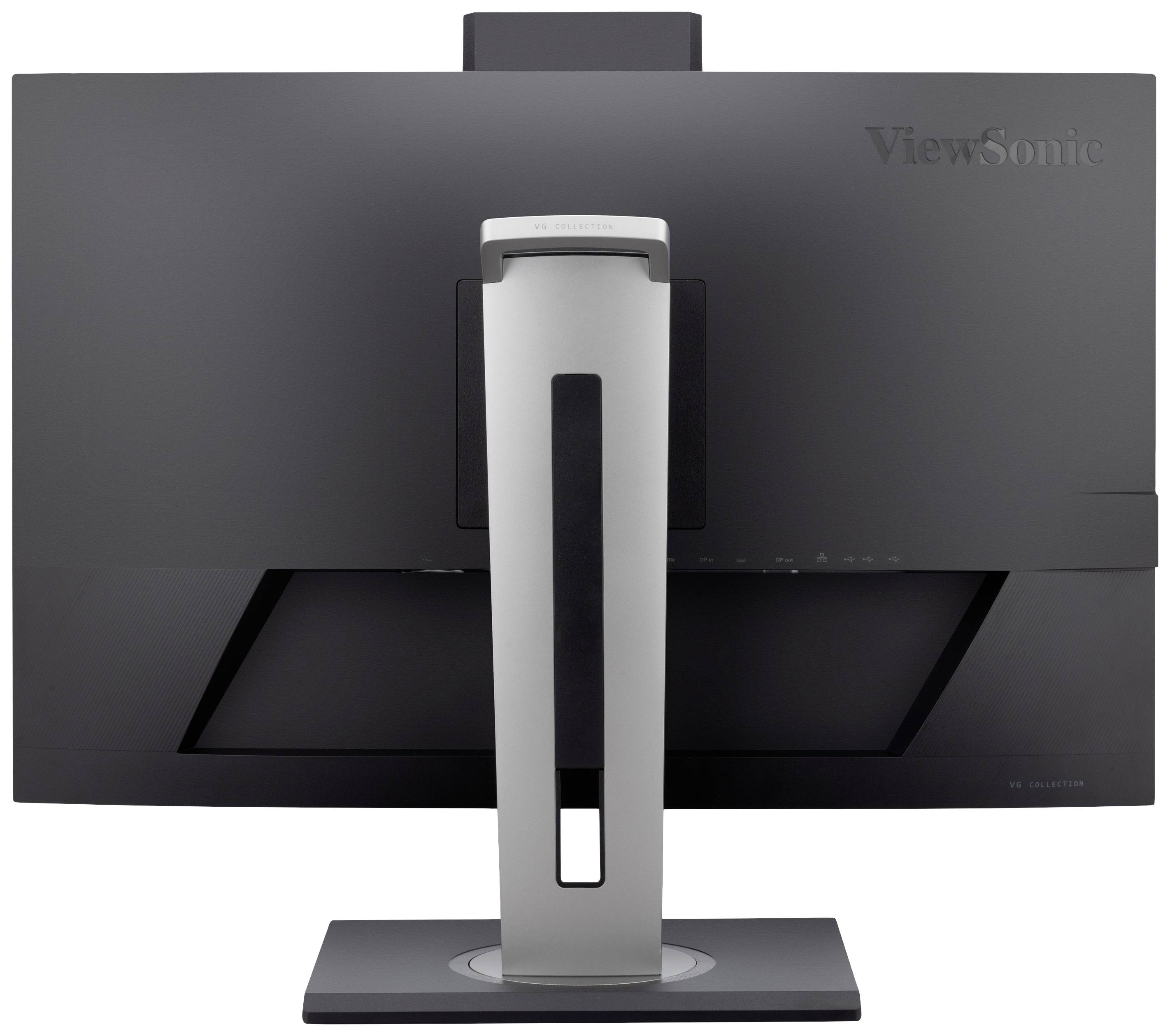 Rear view of a black computer monitor on a grey stand, with the brand name 'ViewSonic' visible in the top right corner.