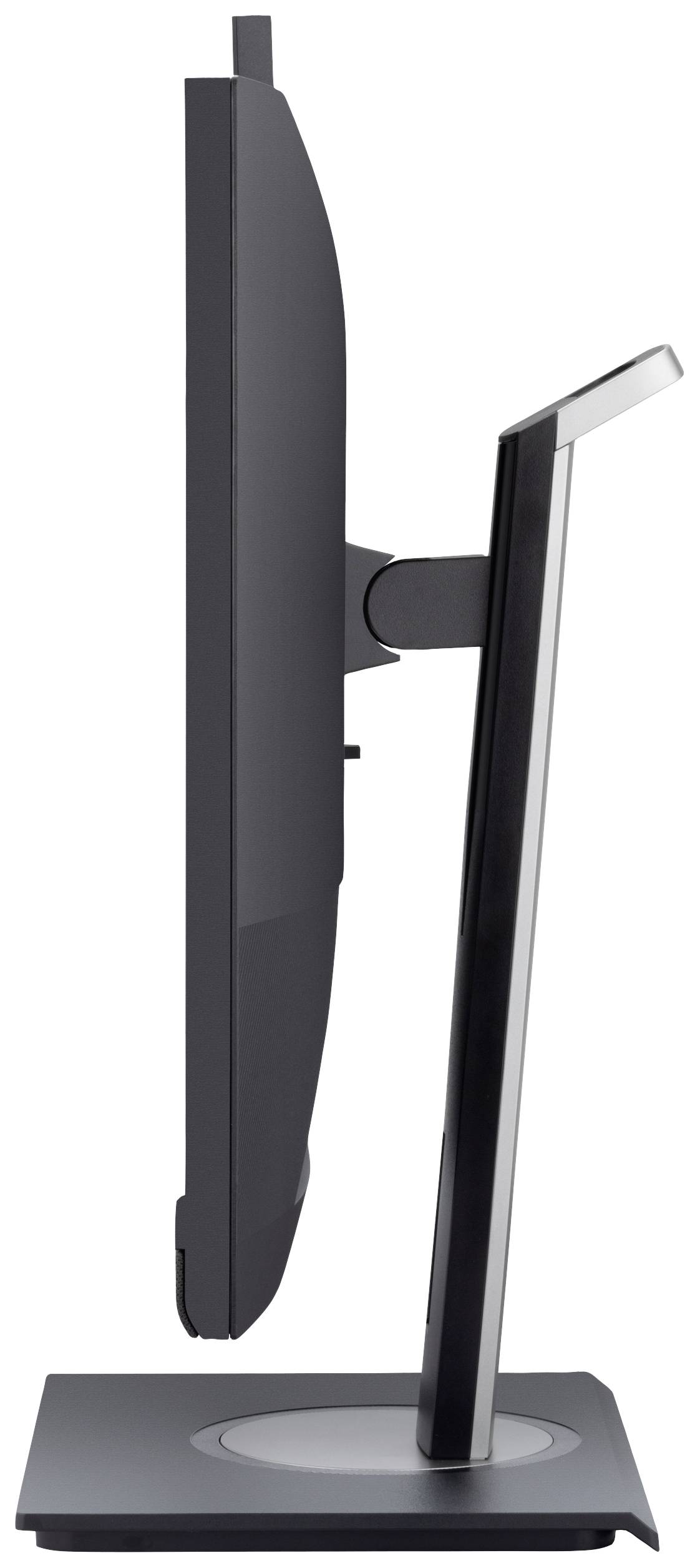 Side view of a slim computer monitor on a rectangular stand. The screen is slightly tilted backwards.