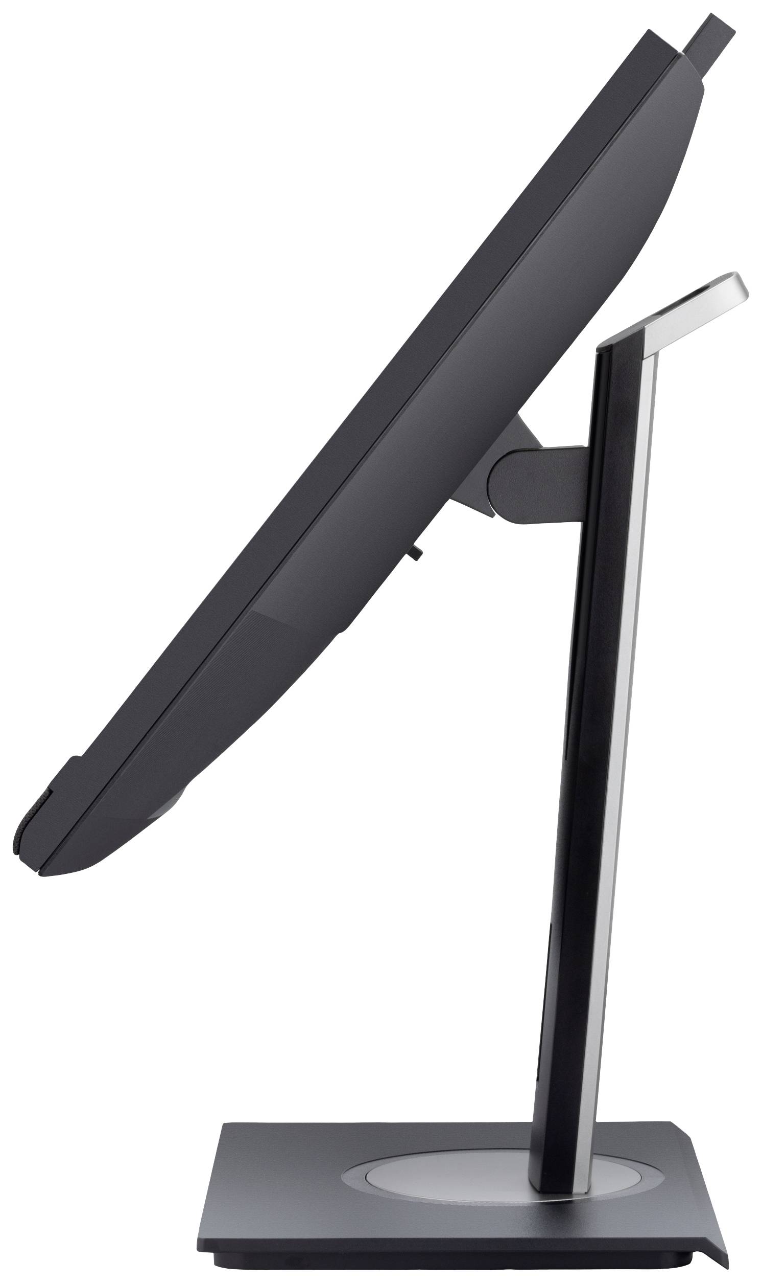 A side-tilted black computer screen on a silver stand, displaying a modern and sleek design.