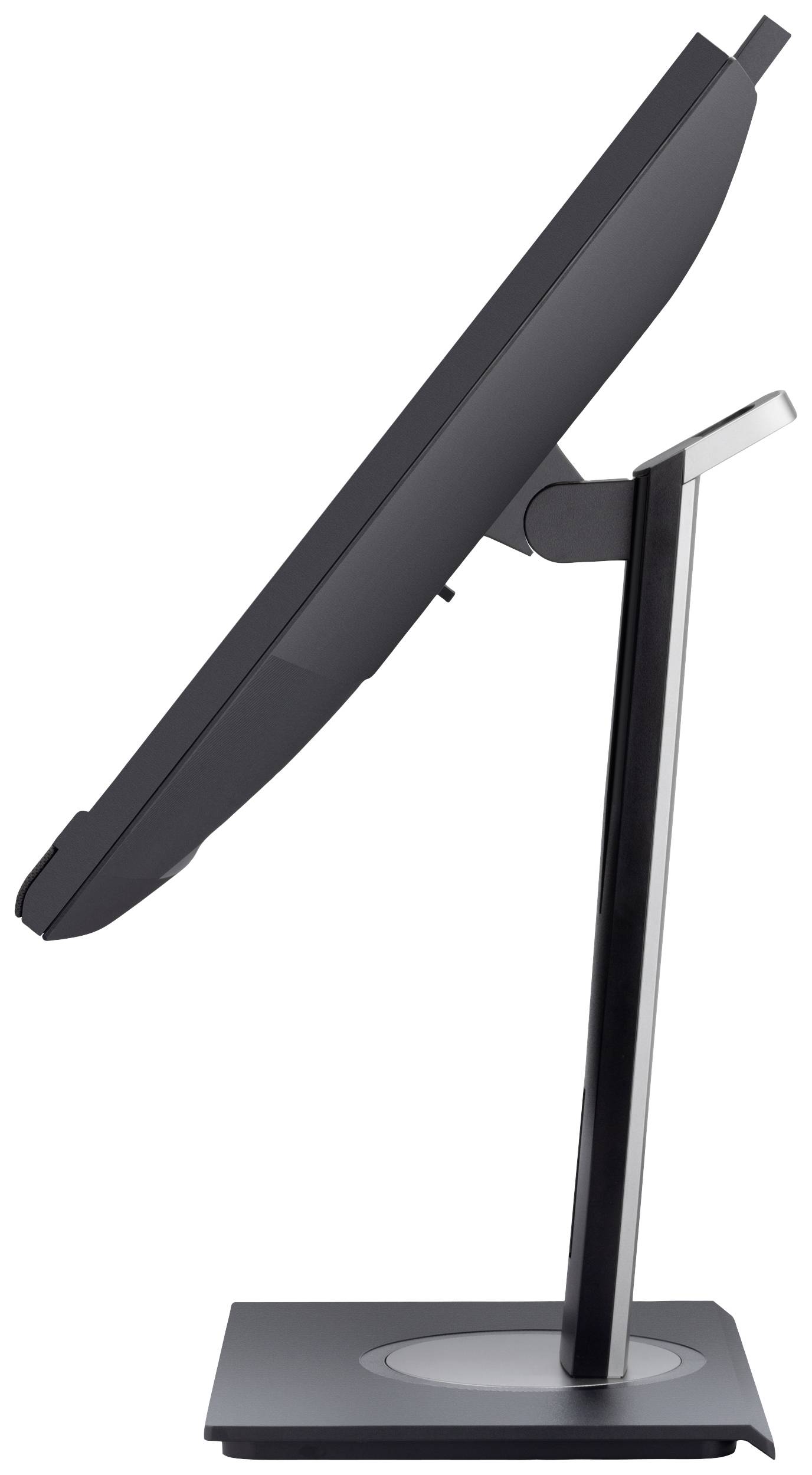 A black computer screen is mounted sideways on a silver stand, angled forward.