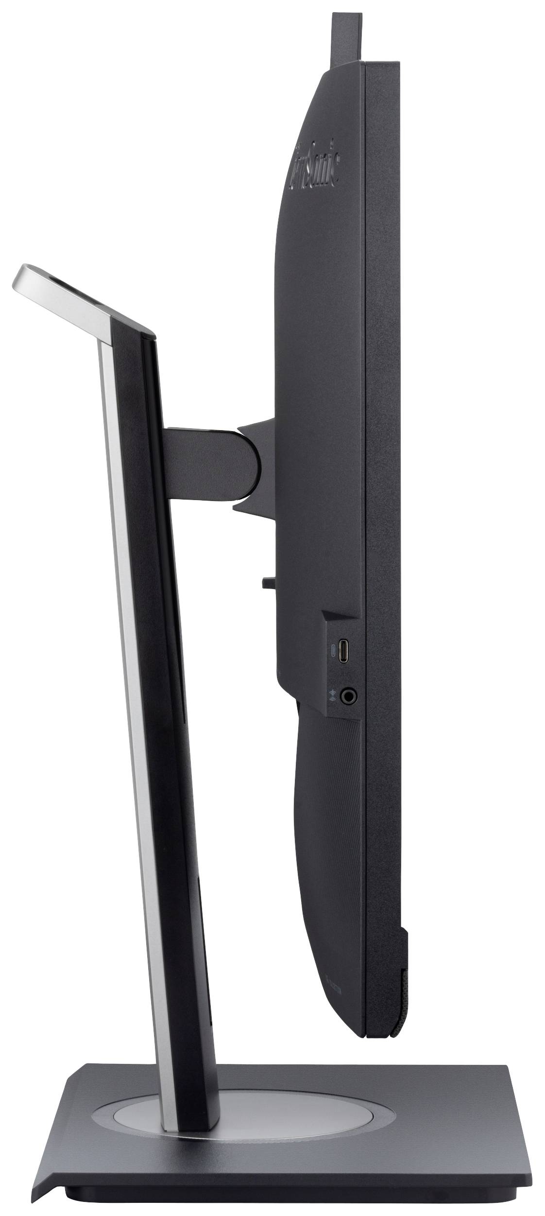 Side view of a flat-screen monitor on a slender stand; showing the slim design and two side connection sockets.