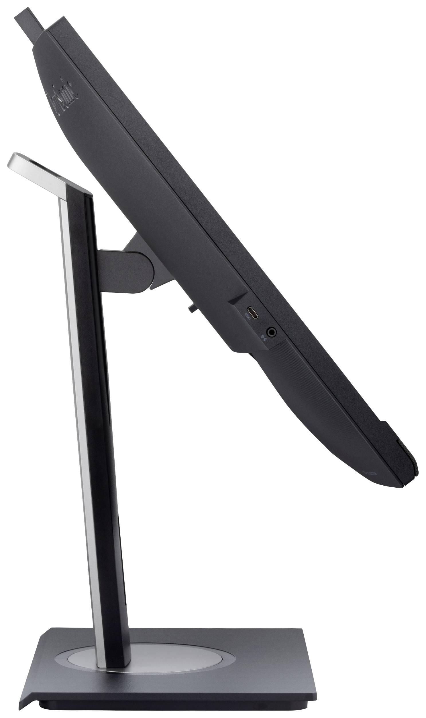 Flat computer monitor viewed from the side, mounted on an elegant stand. Understated, modern design.