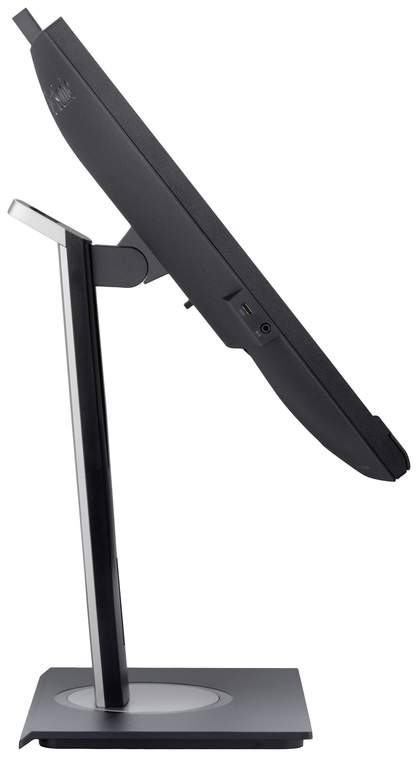 A modern monitor on an adjustable stand, viewed from the side. The screen is tilted forwards.