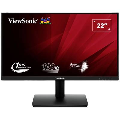 A black ViewSonic monitor with a red background and displays: '1ms response time', '100Hz', 'SuperClear' and '22 inch'.