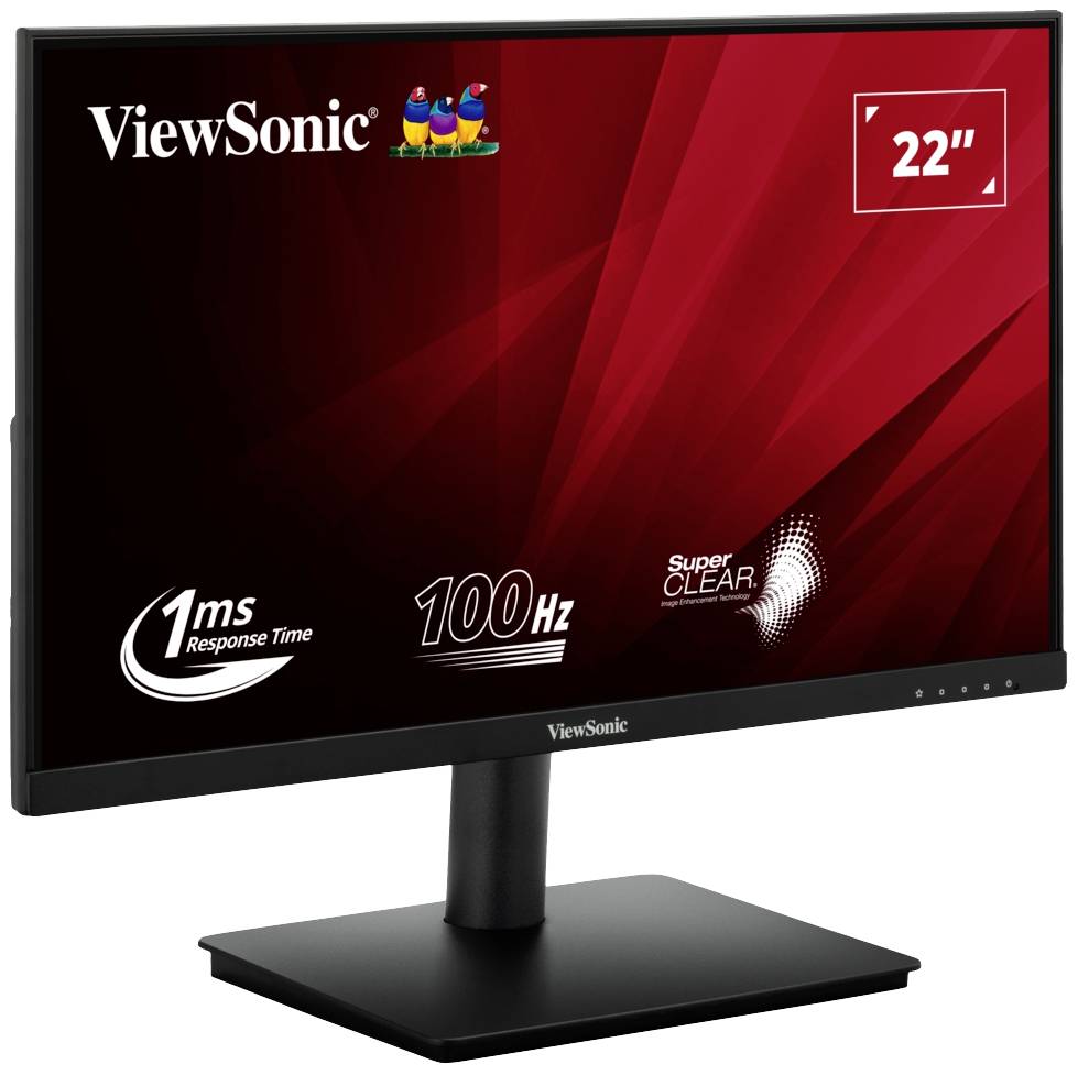 A black ViewSonic monitor with a 22-inch screen, 1 ms response time, 100 Hz refresh rate, SuperClear technology.
