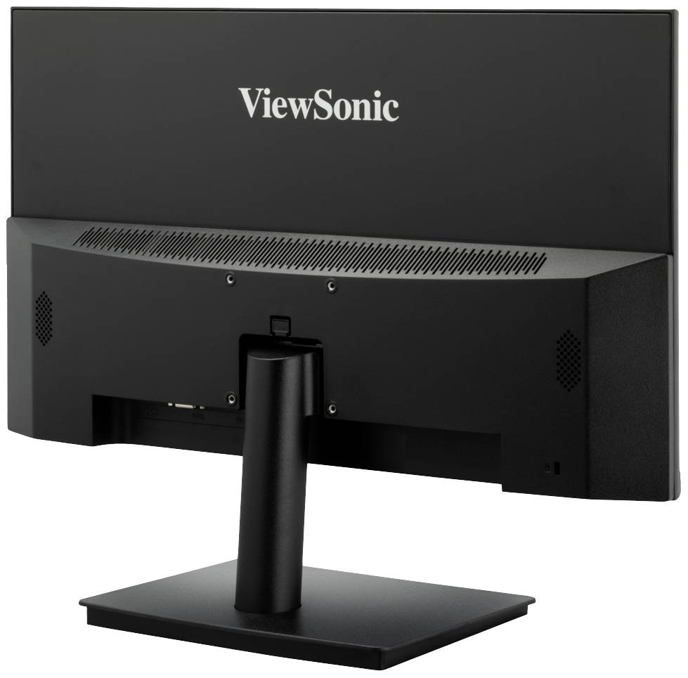 Rear view of a black ViewSonic computer monitor on a stand, with no visible cables or connections.