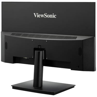 Rear view of a black ViewSonic computer monitor on a stand, with no visible cables or connections.