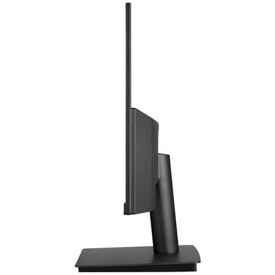 A black computer monitor viewed from the side, showcasing its sleek, modern design. The stand provides stable support for the monitor.