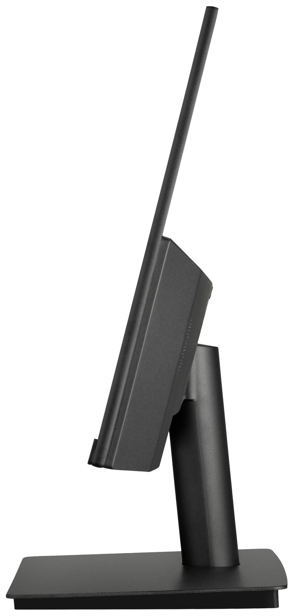 A black computer monitor in profile, mounted on a sturdy stand, demonstrates its sleek, modern design.