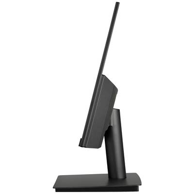 A black computer monitor in profile, mounted on a sturdy stand, demonstrates its sleek, modern design.
