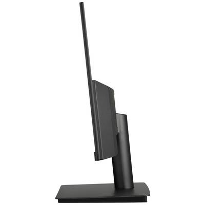 A black computer monitor viewed from the side. The screen is thin with a robust, vertical stand.