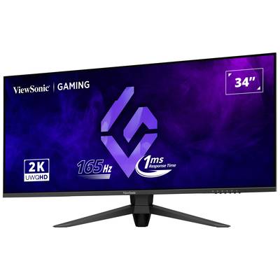 Wider gaming monitor from ViewSonic with 34 inches, displaying 2K resolution, 165 Hz refresh rate and 1ms response time, ideal for smooth gameplay.