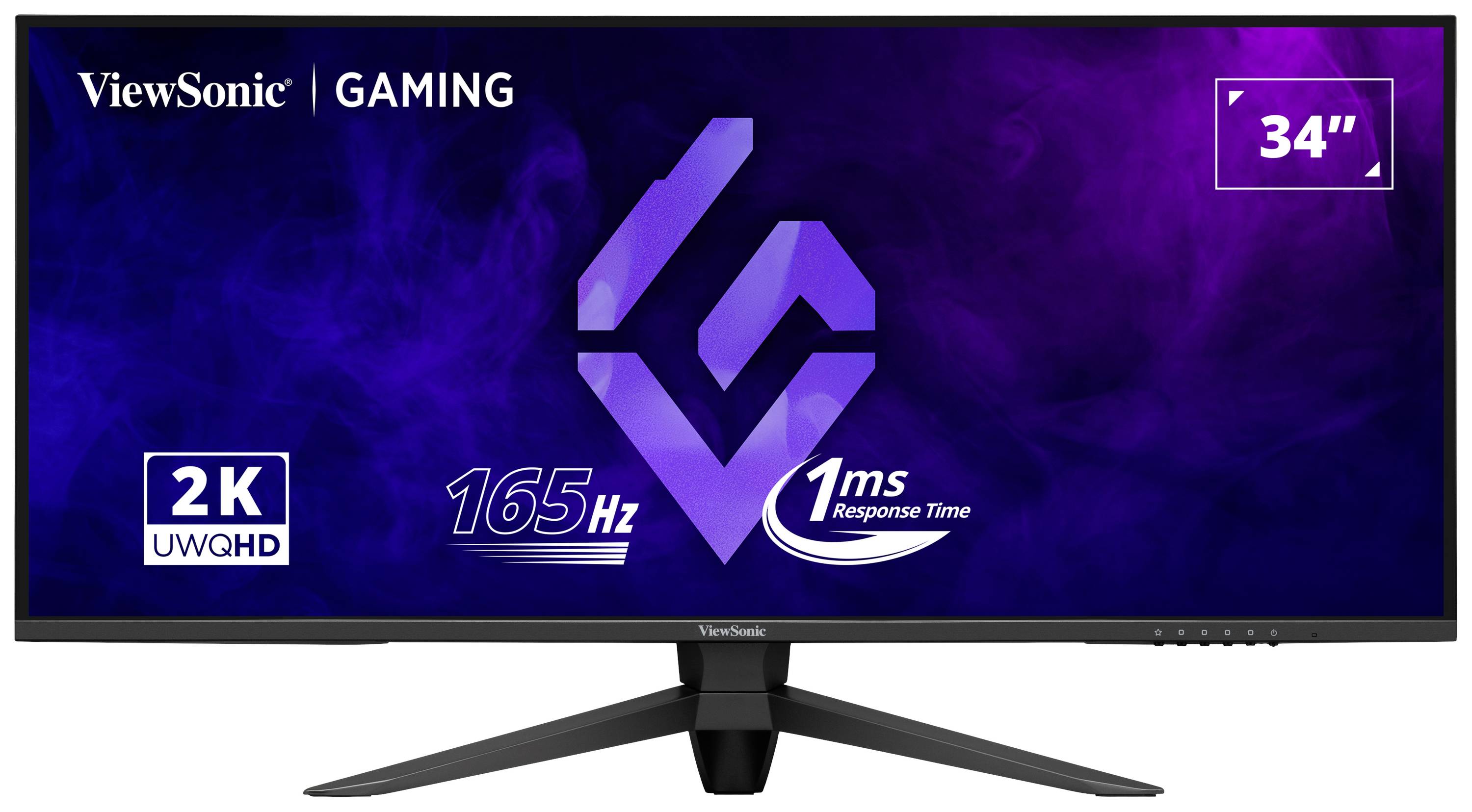 Wide gaming monitor from ViewSonic with 34-inch screen diagonal, 2K UWQHD resolution, 165 Hz refresh rate, 1 ms response time.