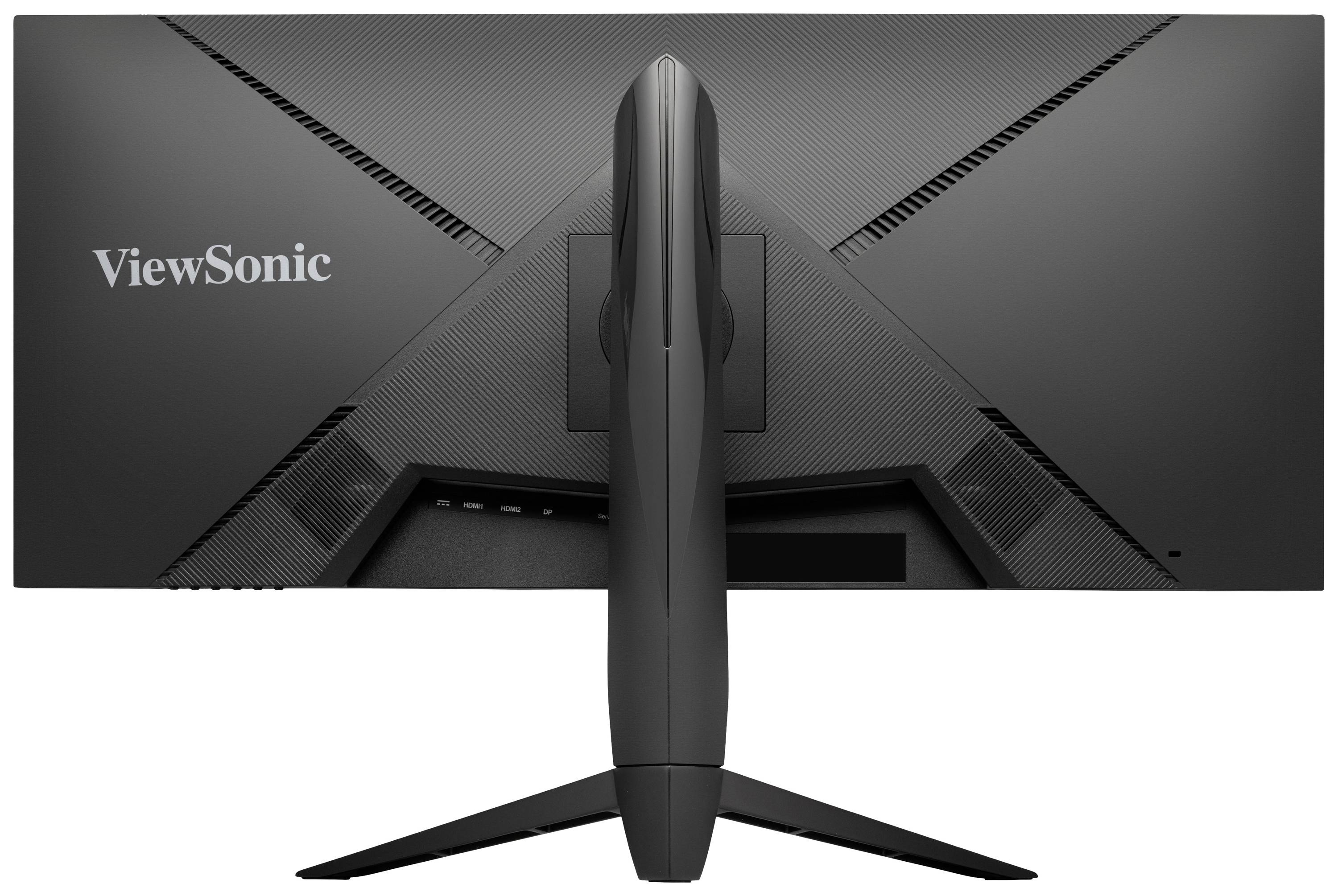 Rear view of a ViewSonic monitor with a triangular stand and slim design.